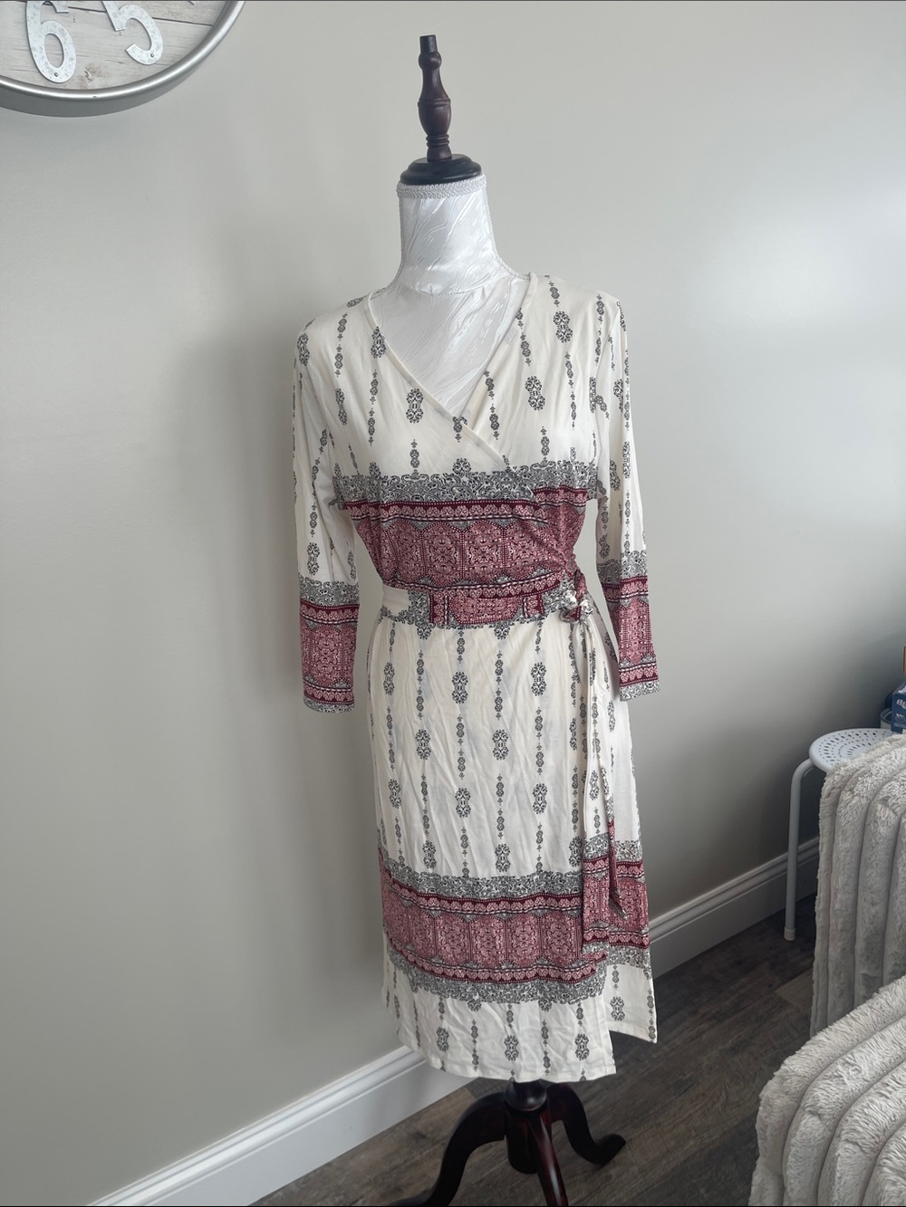 LuLaRoe Cream Dress with Burgundy and Gray Print Wrap Style